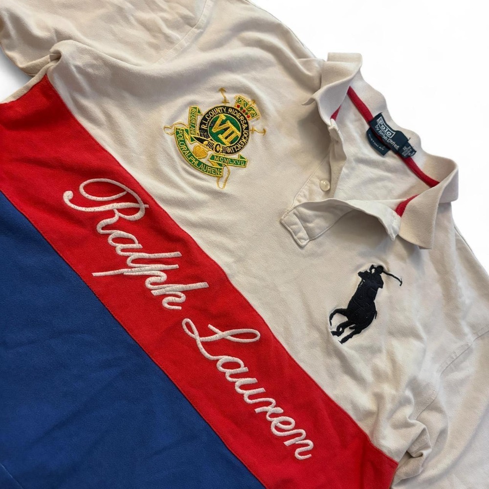 Polo Ralph Lauren Women Cropped Colorblock Big Pony Polo XL L White Red Blue